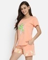 Shop Women's Orange Bird Graphic Printed Cotton T-shirt & Shorts Set-Full