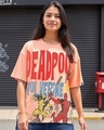 Shop Women's Orange Deadpool Graphic Printed Oversized T-shirt-Front