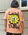 Shop Women's Orange Lazy Daisy Graphic Printed Oversized Plus Size Acid Wash T-shirt-Front