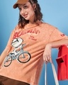 Shop Women's Orange Snoopy Cruisin Graphic Printed Oversized Acid Wash T-shirt-Front