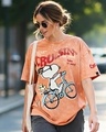 Shop Women's Orange Snoopy Cruisin Graphic Printed Oversized Acid Wash T-shirt-Front