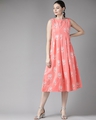 Shop Women's Peach Khari Floral Printed Box Pleated A-Line Dress-Front