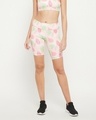 Shop Women's Pink All Over Leaf Prnited Slim Fit Activewear Shorts-Front