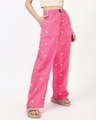 Shop Women's Pink All Over Printed Wide Leg Pyjamas-Front
