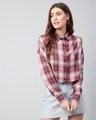 Shop Women's Pink Checked Boxy Fit Crop Shirt-Front