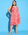 Shop Women's Pink & Orange Floral Printed Plus Size Flared Dress-Front