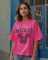 Shop Women's Pink Mickey Zebra Graphic Printed Oversized T-shirt-Front