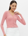 Shop Women's Pink Rayon V-neck Long Sleeve Top-Front