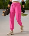 Shop Women's Pink Super Loose Fit Cargo Joggers-Front