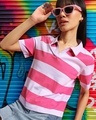 Shop Women's Pink & White Striped Plus Size Polo T-shirt-Front