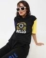 Shop Women's Black Pixelated Bello Minion Typography Relaxed Fit T-shirt-Front