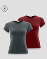 Shop Pack of 2 Women's Grey & Maroon Slim Fit T-shirt-Front