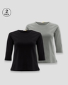 Shop Pack of 2 Women's Black & Meteor Grey 3/4 Sleeve Slim Fit T-shirt-Front