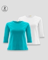 Shop Pack of 2 Women's Blue & White 3/4 Sleeve Slim Fit T-shirt-Front