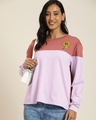 Shop Women's Purple and Pink Flower Color Block Oversized Cotton T-shirt-Front