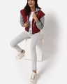 Shop Women's Red & Grey Color Block Hooded Cropped Jacket