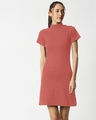 Shop Women's Red High Neck Slim Fit Ribbed Dress-Front