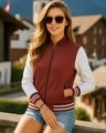 Shop Women's Red & White Color Block Varsity Bomber Jacket-Front