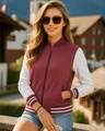 Shop Women's Maroon & White Color Block Varsity Bomber Jacket-Front