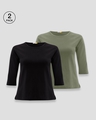 Shop Women's Round Neck 3/4 Sleeve Combo T-Shirts Black-Green-Front