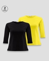 Shop Women's Round Neck 3/4 Sleeve Combo T-Shirts Black-Yellow-Front