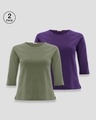 Shop Women's Round Neck 3/4 Sleeve Combo T-Shirts Green-Purple-Front