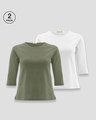 Shop Women's Round Neck 3/4 Sleeve Combo T-Shirts Green-White-Front