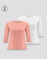 Shop Women's Round Neck 3/4 Sleeve Combo T-Shirts Pink-White-Front
