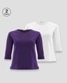 Shop Women's Round Neck 3/4 Sleeve Combo T-Shirts Purple-white-Front