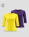 Shop Women's Round Neck 3/4 Sleeve Combo T-Shirts Yellow-Purple-Front