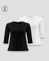 Shop Pack of 2 Women's White & Black 3/4 Sleeve Slim Fit T-shirt-Front