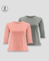Shop Pack of 2 Women's Pink & Grey 3/4 Sleeve Slim Fit T-shirt-Front
