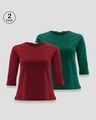 Shop Pack of 2 Women's Maroon & Green 3/4 Sleeve Slim Fit T-shirt-Front