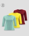 Shop Pack of 3 Women's Multicolor 3/4 Sleeve Slim Fit T-shirt-Front