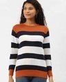 Shop Women's Rust Orange & Navy Blue Striped Pullover Sweater-Front