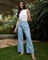Shop Women's Sky Blue Embellished Straight Fit Distressed Jeans-Full