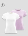 Shop Pack of 2 Women's Whit & Purple Slim Fit T-shirt-Front