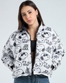 Shop Women's White & Black All Over Printed Oversized Reversible Zipper Crop Puffer Jacket-Front