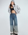 Shop Women's White & Black All Over Printed Oversized Reversible Zipper Crop Puffer Jacket-Full