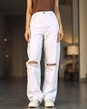 Shop Women's White Baggy Distressed Wide Leg Jeans-Front