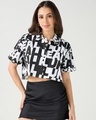 Shop Women's White & Black All Over Printed Oversized Cropped Shirt-Front