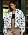 Shop Women's White & Black All Over Printed Oversized Reversible Zipper Crop Puffer Jacket-Front