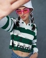 Shop Women's White & Green Shell Striped Oversized Polo Short Top-Front