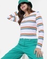 Shop Women's White Multicolor Stripe Slim Fit Snug Blouse-Front