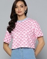 Shop Women's White & Pink All Over Printed Loose Fit Crop T-shirt-Front