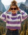 Shop Women's White & Purple Striped Oversized Crop Sweater-Front
