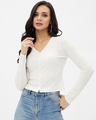 Shop Women's White Rayon V-neck Long Sleeve Top-Front