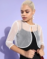 Shop Women's White Self Design Sheer Sequinned Crop Shrug-Full