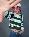 Shop Women's White & Green Shell Striped Oversized Polo Short Top-Front