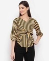 Shop Women's Yellow Striped Puff Sleeve Crepe Cinched Waist Top-Front